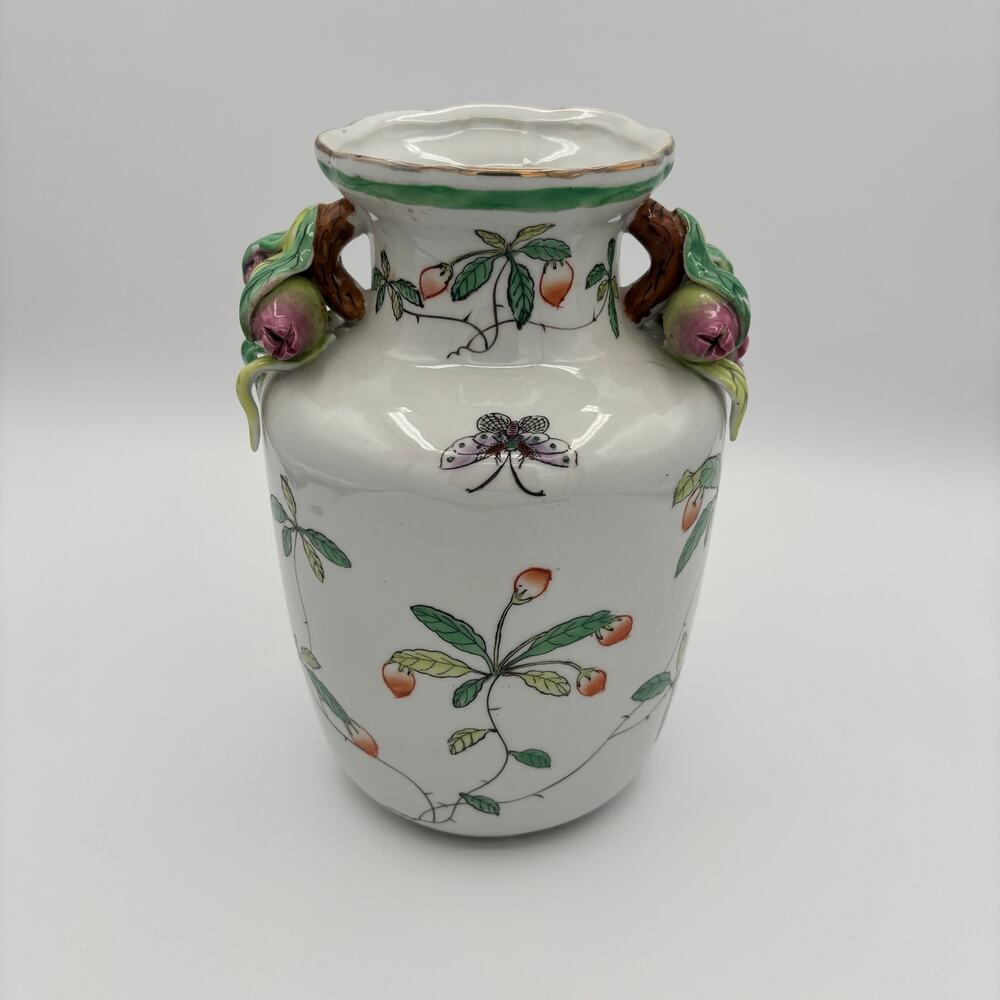 Vintage Chinoiserie Famille Rose Porcelain Butterfly & Pomegranate Handle Vase
